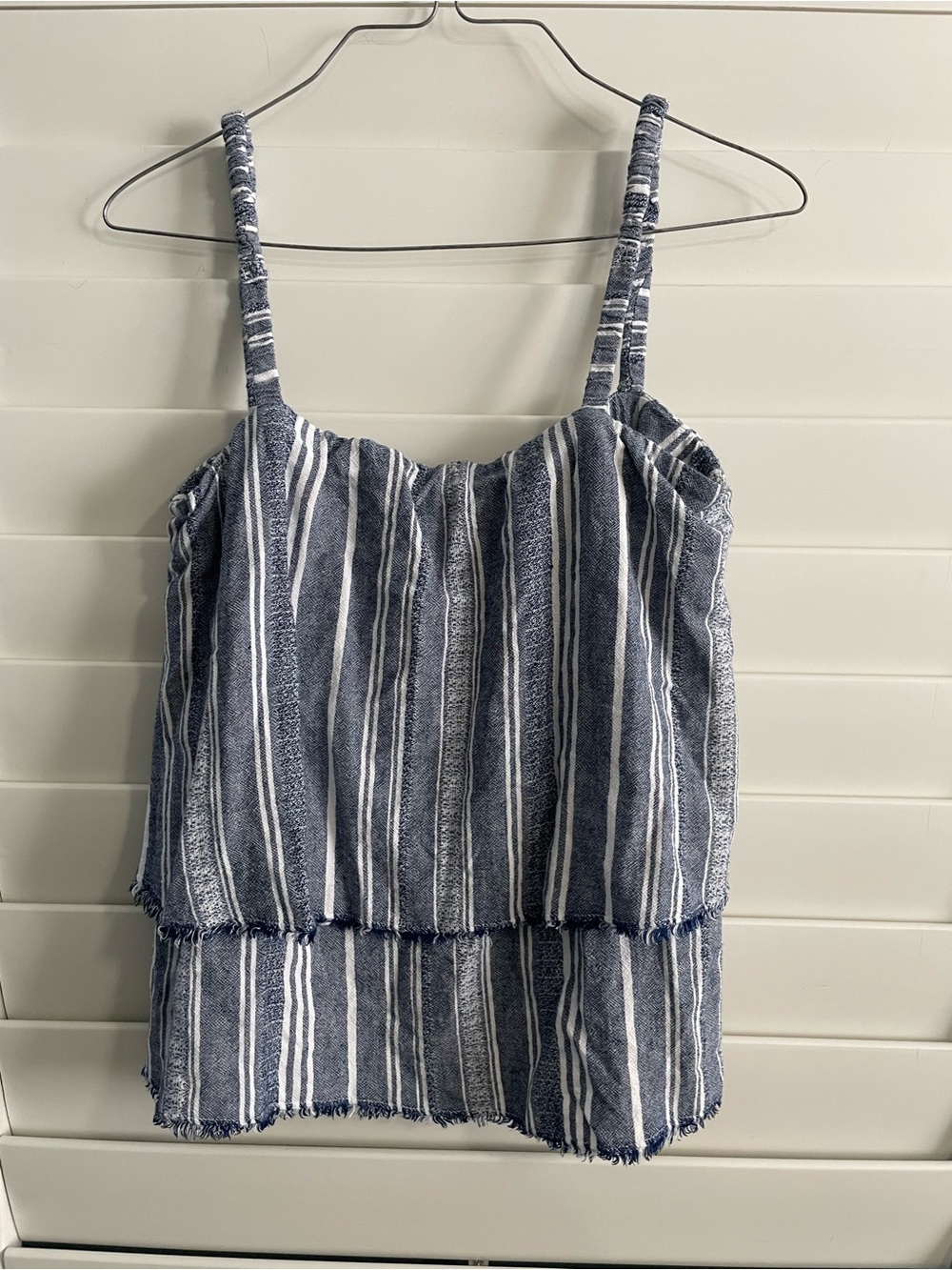 Bella Dahl Blue White Striped Tiered Ruffle Frayed Cami Small